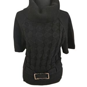 Elena Wang Womens Turtle Neck Bubble Knit Short Sleeve Sweater Black Medium
